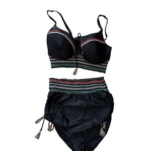 Cacique Swim Black Embroidered Tassel Bikini Set 44DDD Top 22 Bottoms